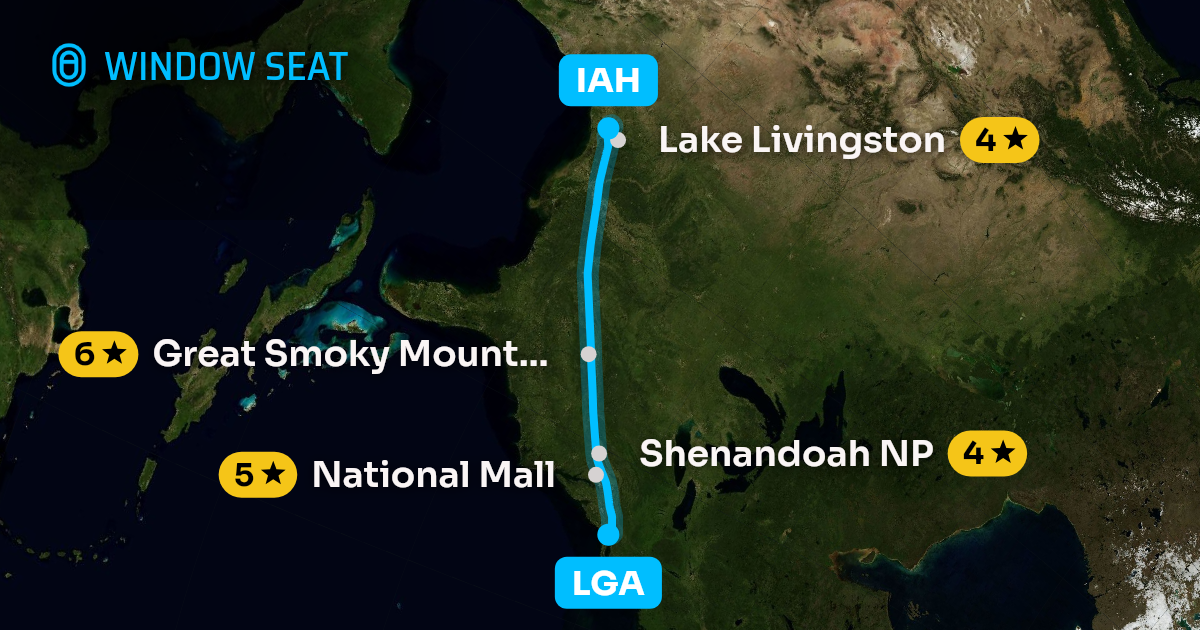 Map of the New York to Houston flight path with its landmarks on each side