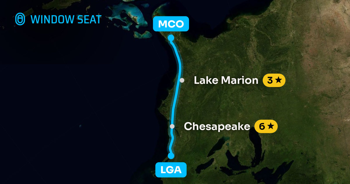 Map of the New York to Orlando flight path with its landmarks on each side