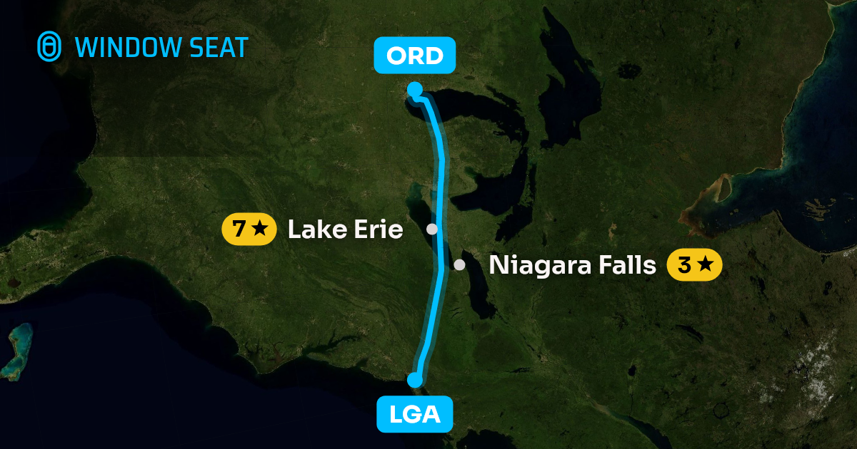 Map of the New York to Chicago flight path with its landmarks on each side