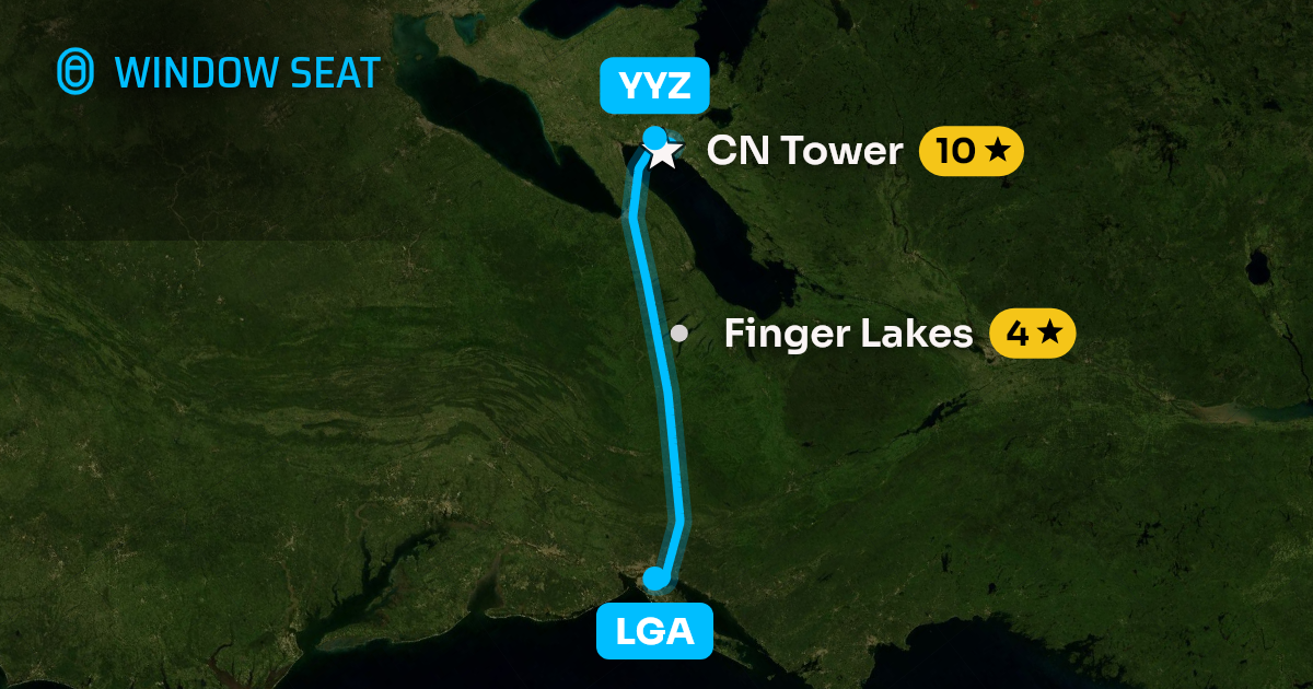 Map of the New York to Toronto flight path with its landmarks on each side