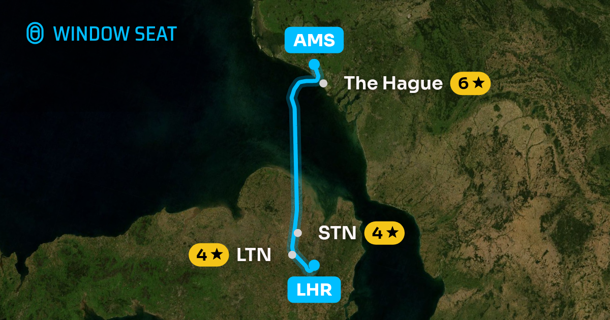 Map of the London to Amsterdam flight path with its landmarks on each side