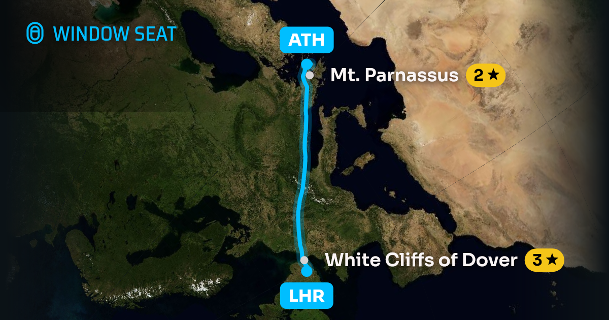 Map of the London to Athens flight path with its landmarks on each side