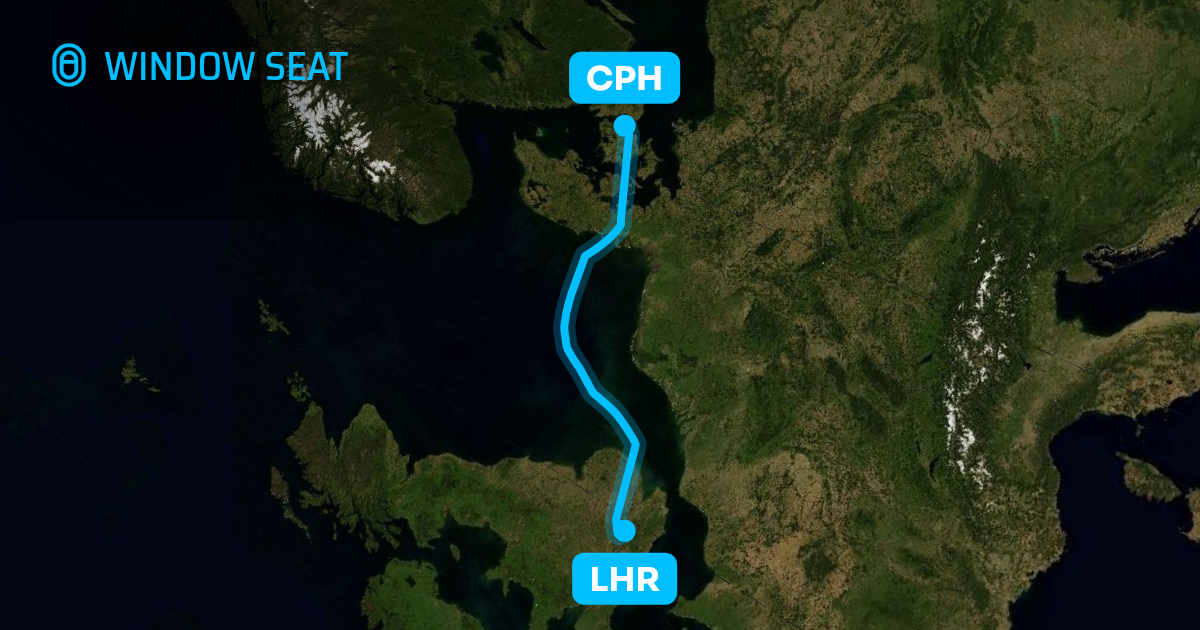 Map of the London to Copenhagen flight path with its landmarks on each side