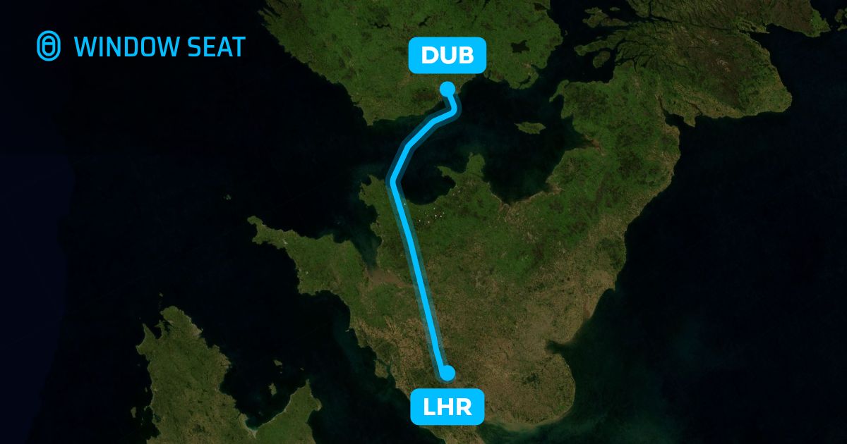 Map of the London to Dublin flight path with its landmarks on each side