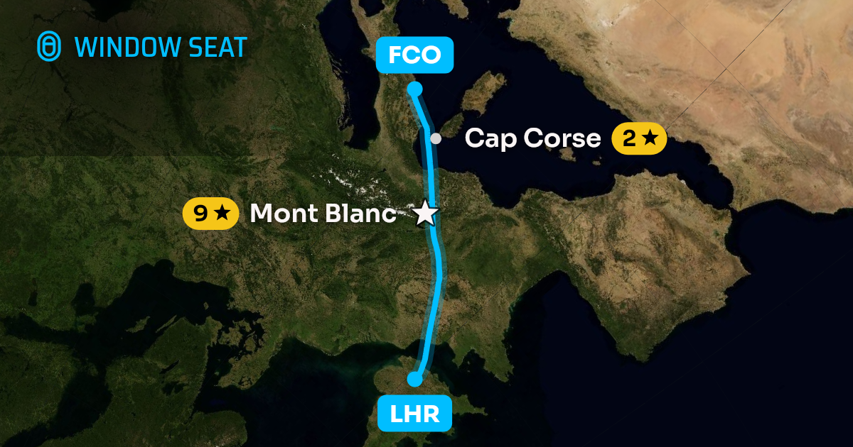 Map of the London to Rome flight path with its landmarks on each side