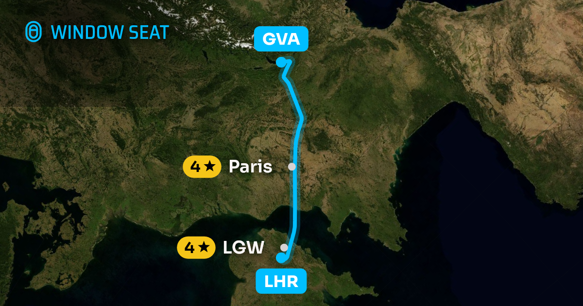 Map of the London to Geneva flight path with its landmarks on each side