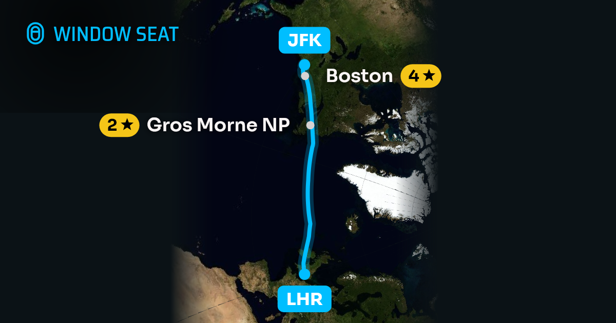 Map of the London to New York flight path with its landmarks on each side