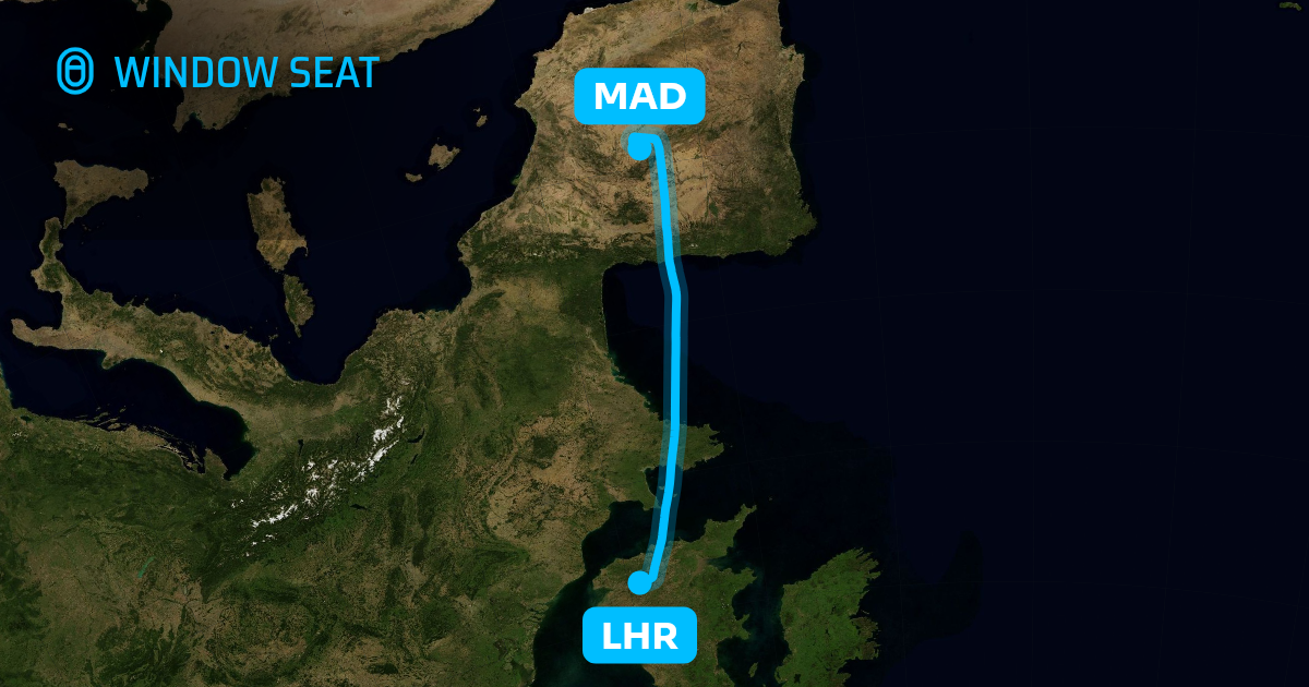 Map of the London to Madrid flight path with its landmarks on each side