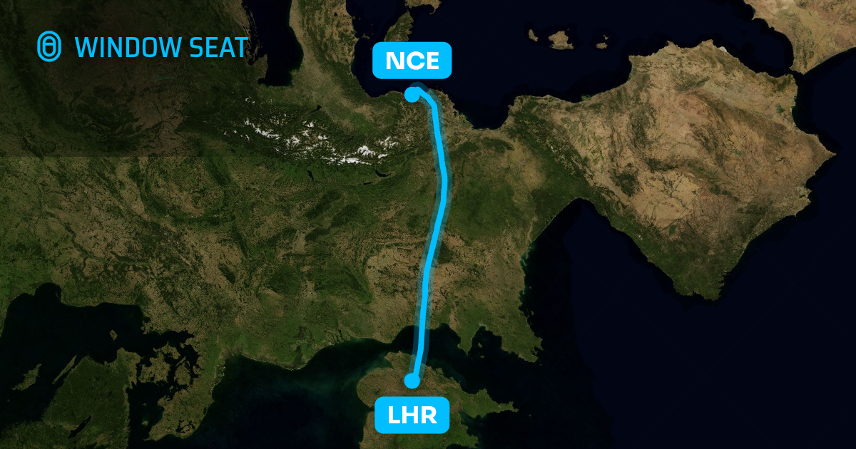 Map of the London to Nice flight path with its landmarks on each side