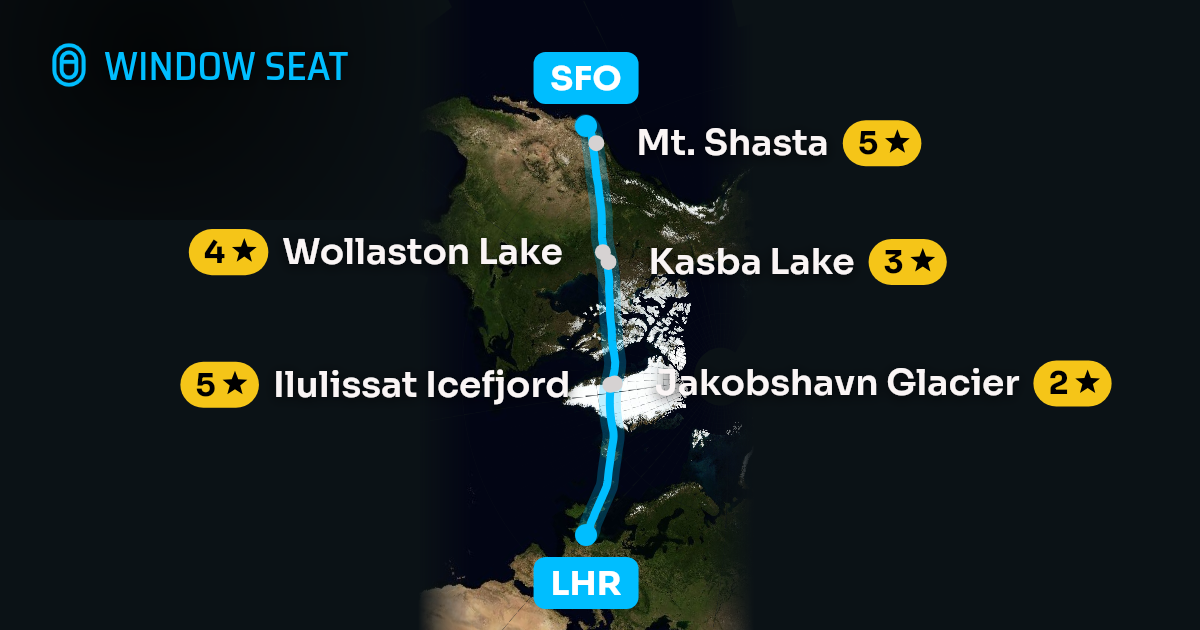 Map of the London to San Francisco flight path with its landmarks on each side