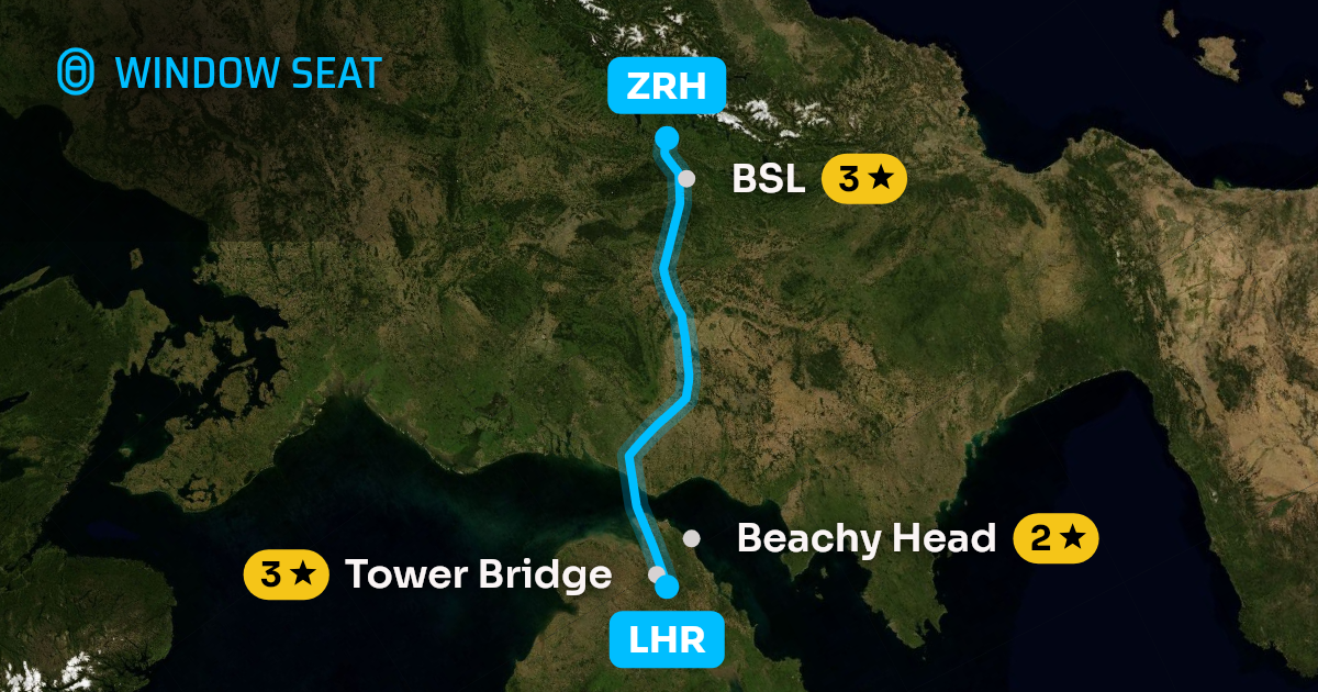 Map of the London to Zurich flight path with its landmarks on each side