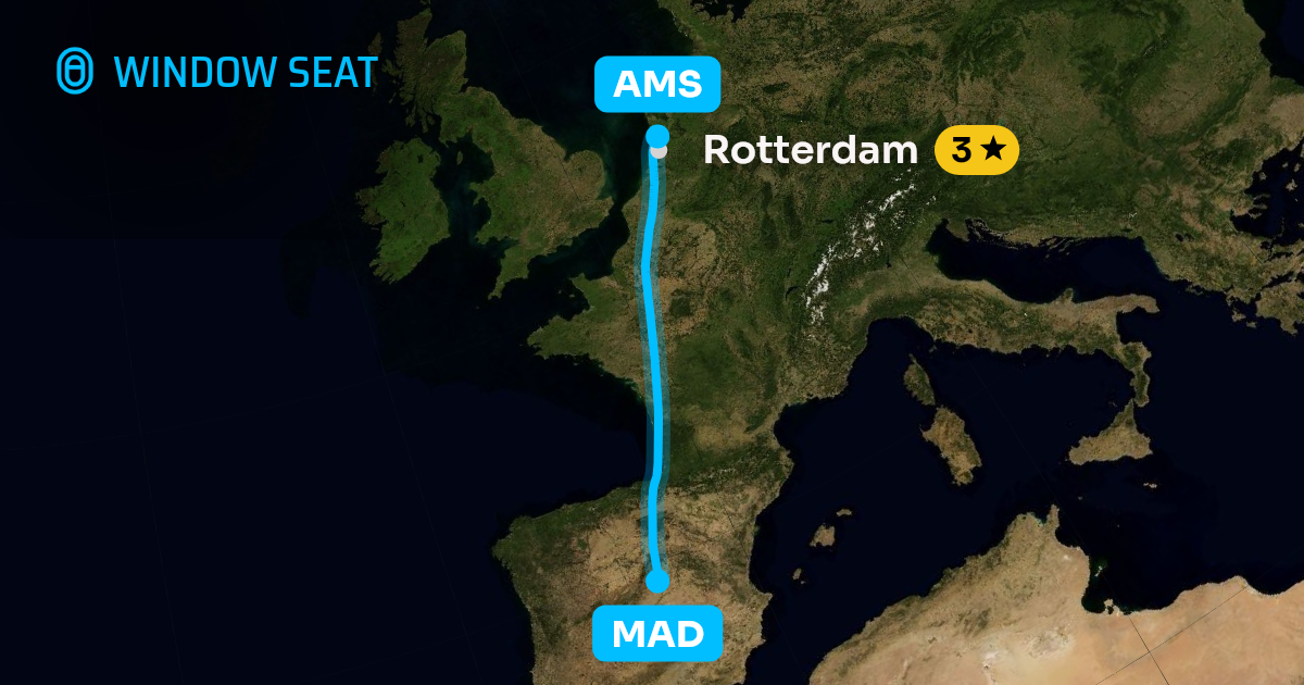 Map of the Madrid to Amsterdam flight path with its landmarks on each side