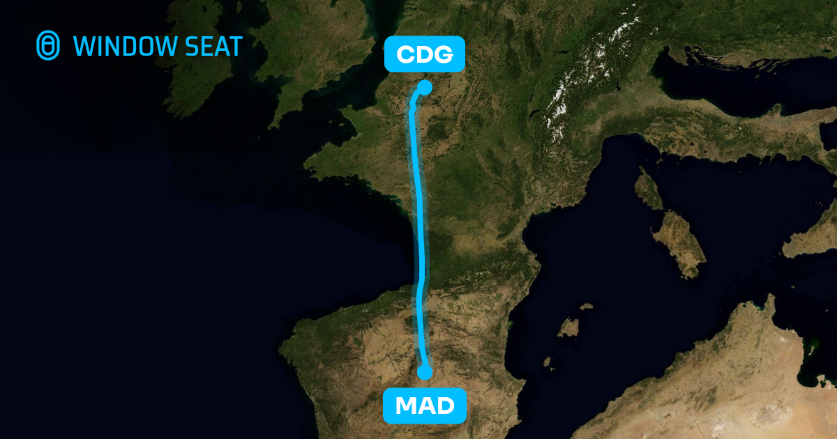 Map of the Madrid to Paris flight path with its landmarks on each side