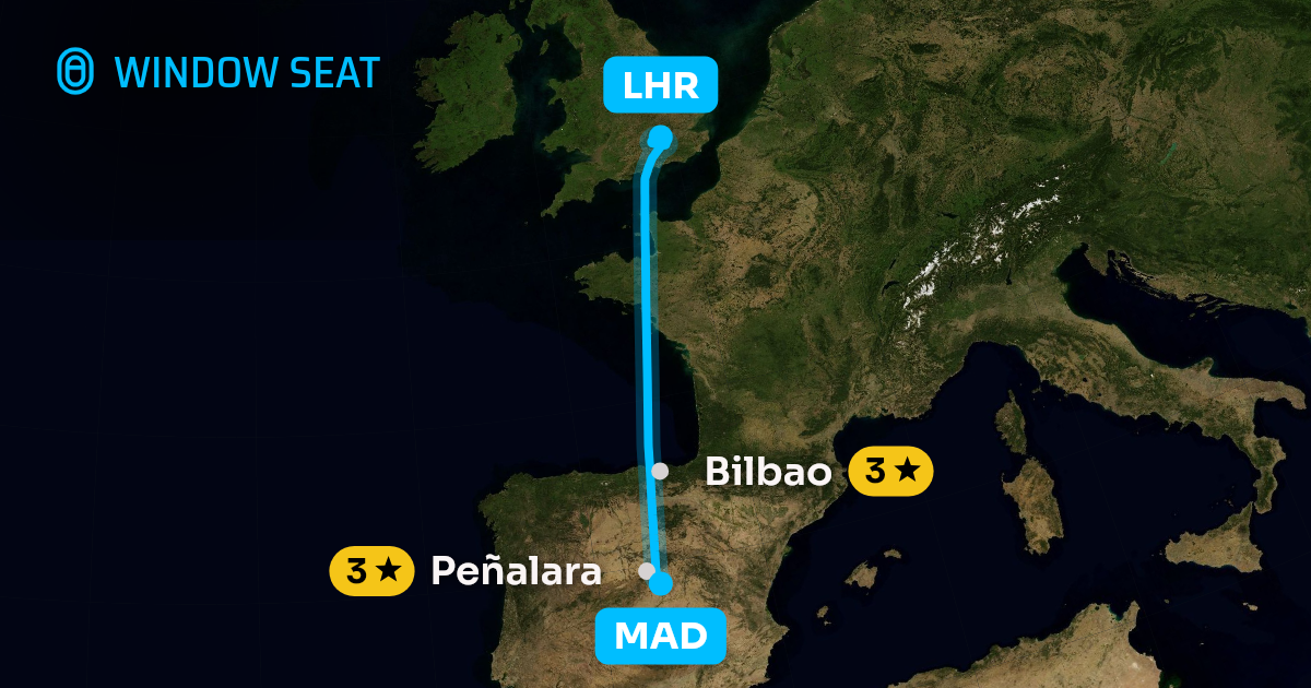 Map of the Madrid to London flight path with its landmarks on each side