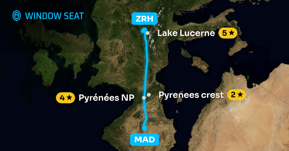 Map of the Madrid to Zurich flight path with its landmarks on each side