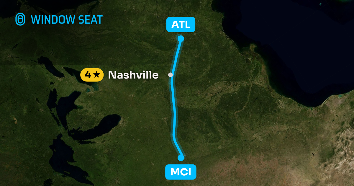 Map of the Kansas City to Atlanta flight path with its landmarks on each side