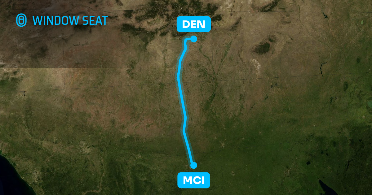 Map of the Kansas City to Denver flight path with its landmarks on each side