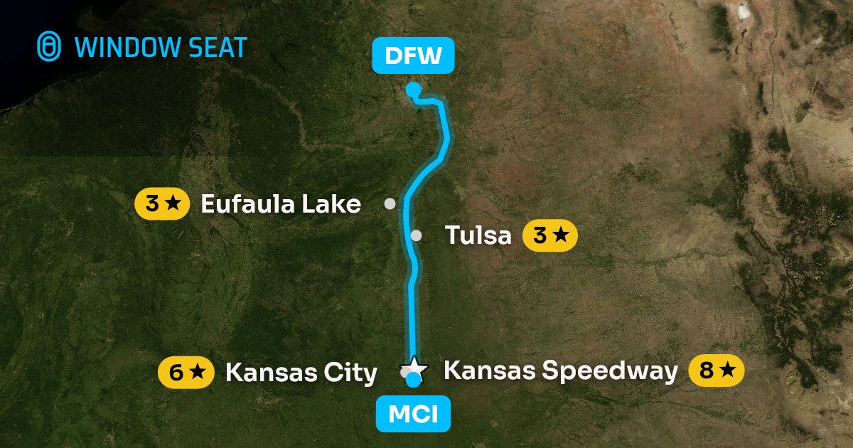 Map of the Kansas City to Dallas-Fort Worth flight path with its landmarks on each side