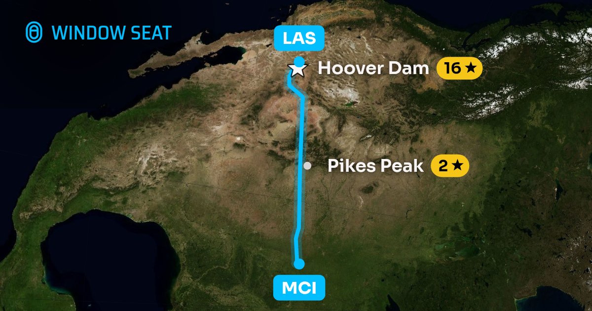 Map of the Kansas City to Las Vegas flight path with its landmarks on each side
