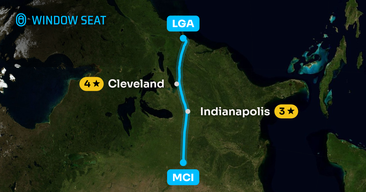 Map of the Kansas City to New York flight path with its landmarks on each side