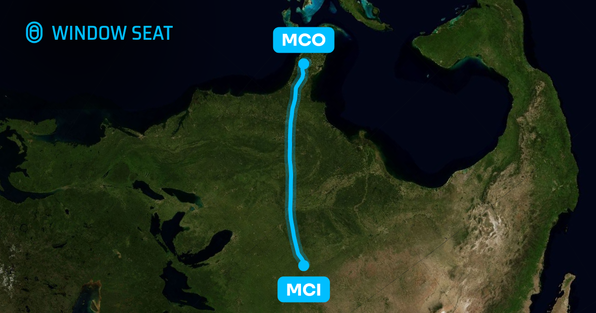 Map of the Kansas City to Orlando flight path with its landmarks on each side