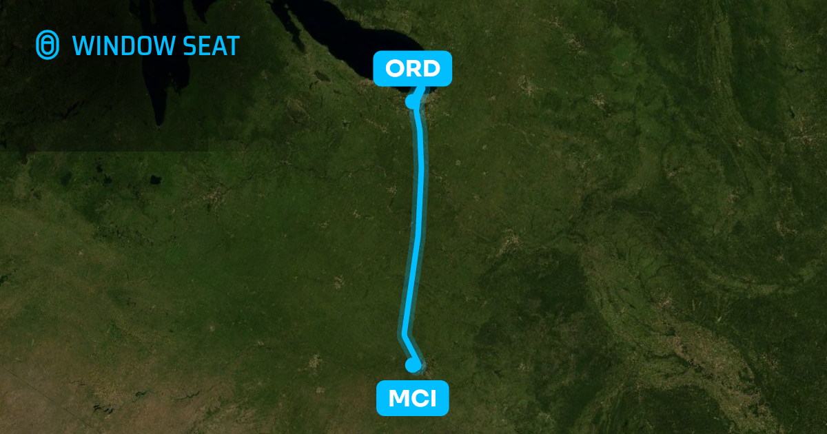 Map of the Kansas City to Chicago flight path with its landmarks on each side