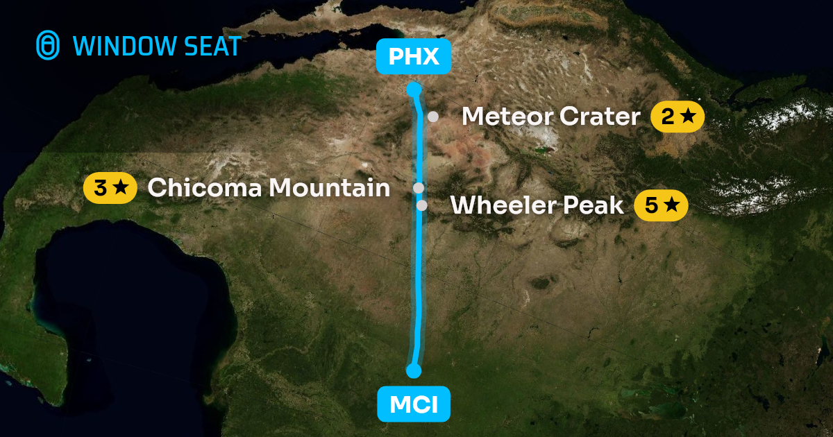 Map of the Kansas City to Phoenix flight path with its landmarks on each side