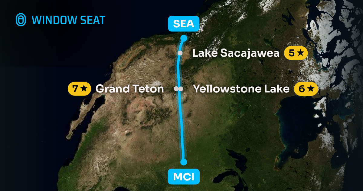 Map of the Kansas City to Seattle flight path with its landmarks on each side