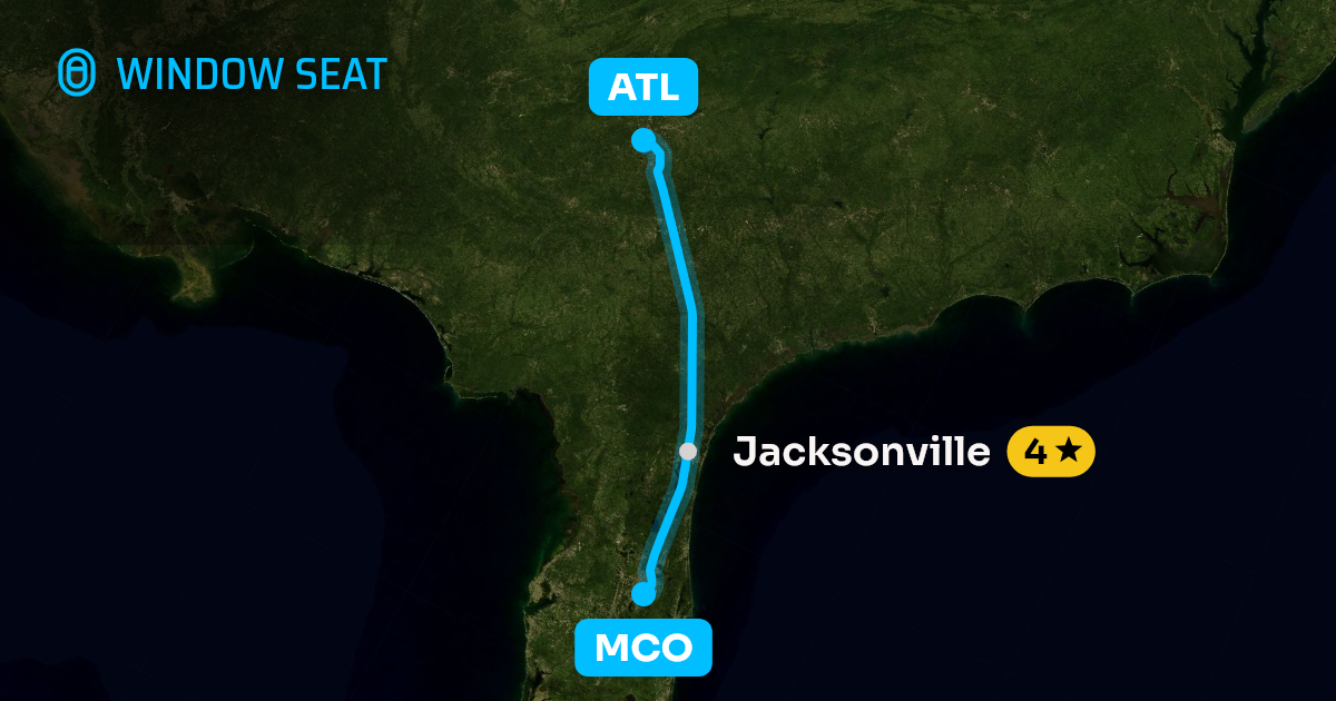 Map of the Orlando to Atlanta flight path with its landmarks on each side