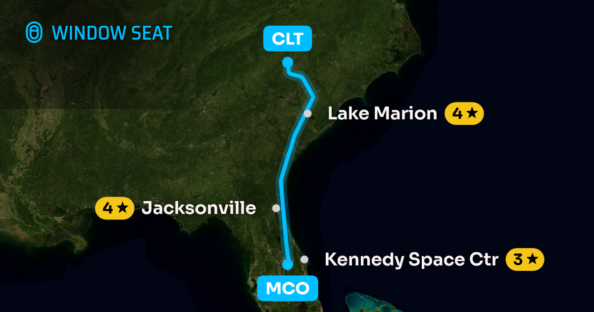 Map of the Orlando to Charlotte flight path with its landmarks on each side