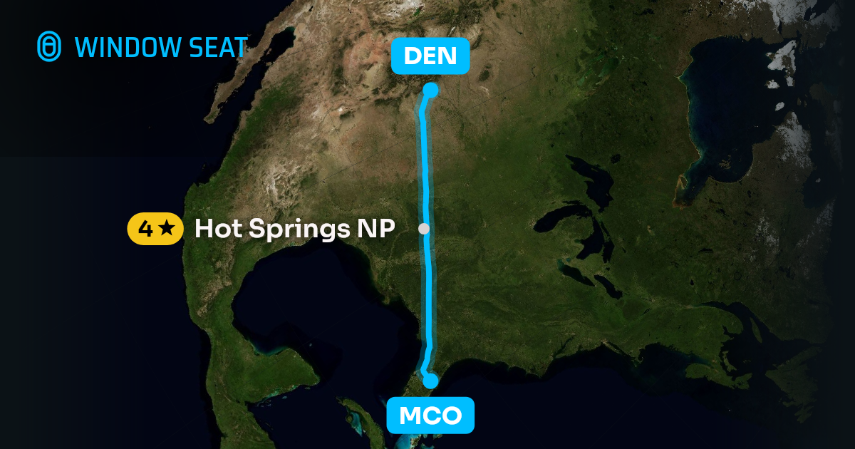 Map of the Orlando to Denver flight path with its landmarks on each side