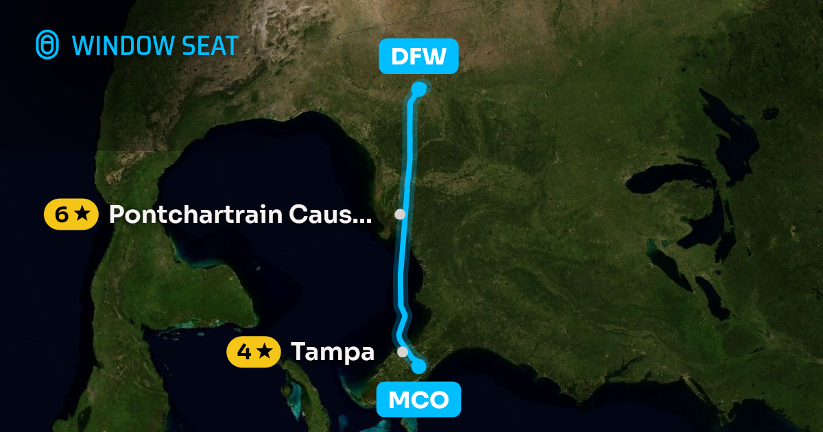 Map of the Orlando to Dallas-Fort Worth flight path with its landmarks on each side