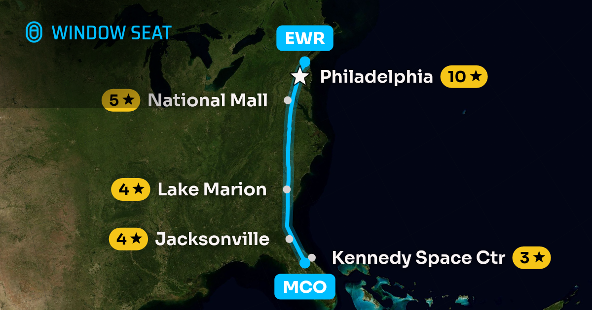 Map of the Orlando to Newark flight path with its landmarks on each side