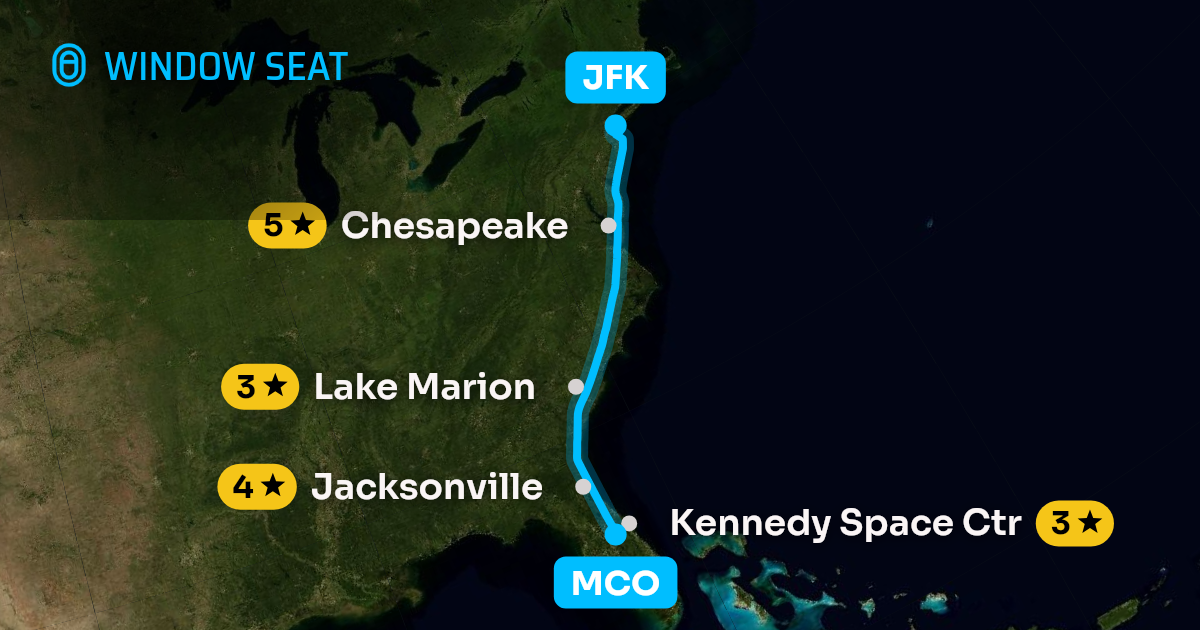 Map of the Orlando to New York flight path with its landmarks on each side