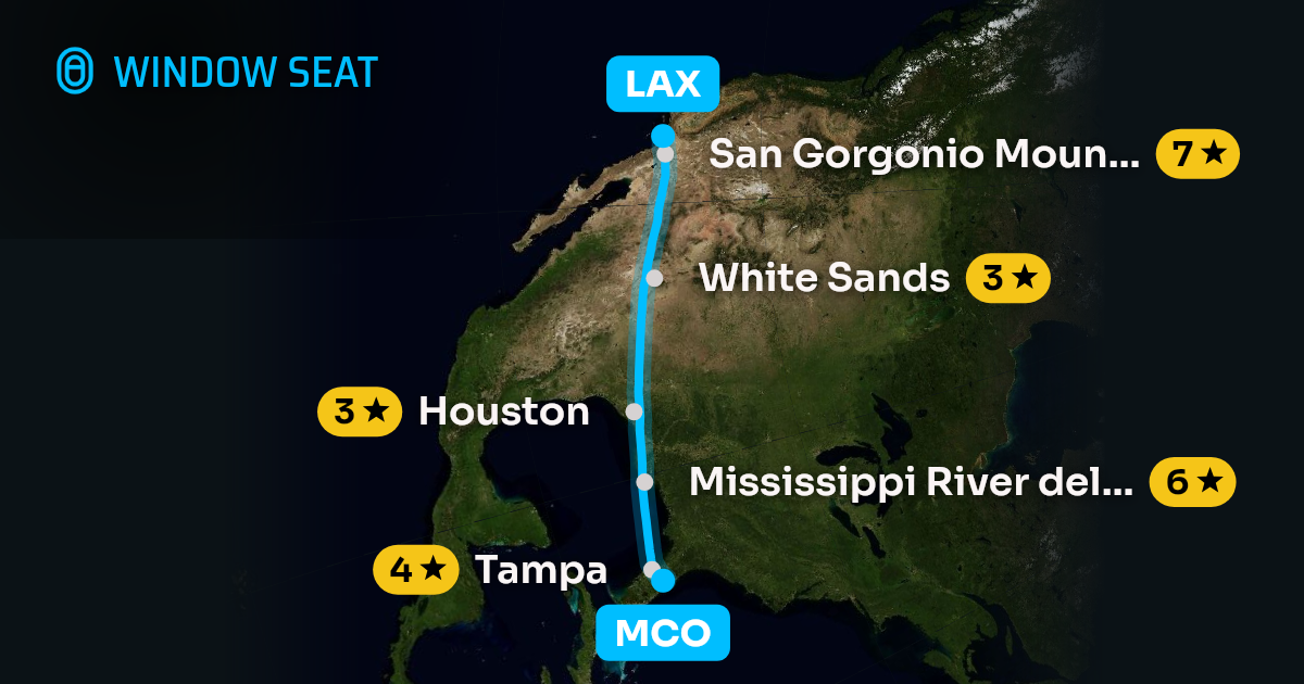 Map of the Orlando to Los Angeles flight path with its landmarks on each side