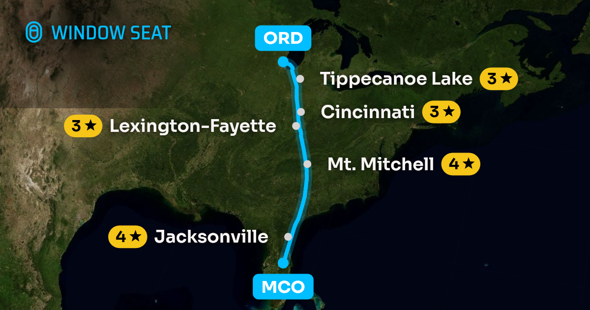 Map of the Orlando to Chicago flight path with its landmarks on each side