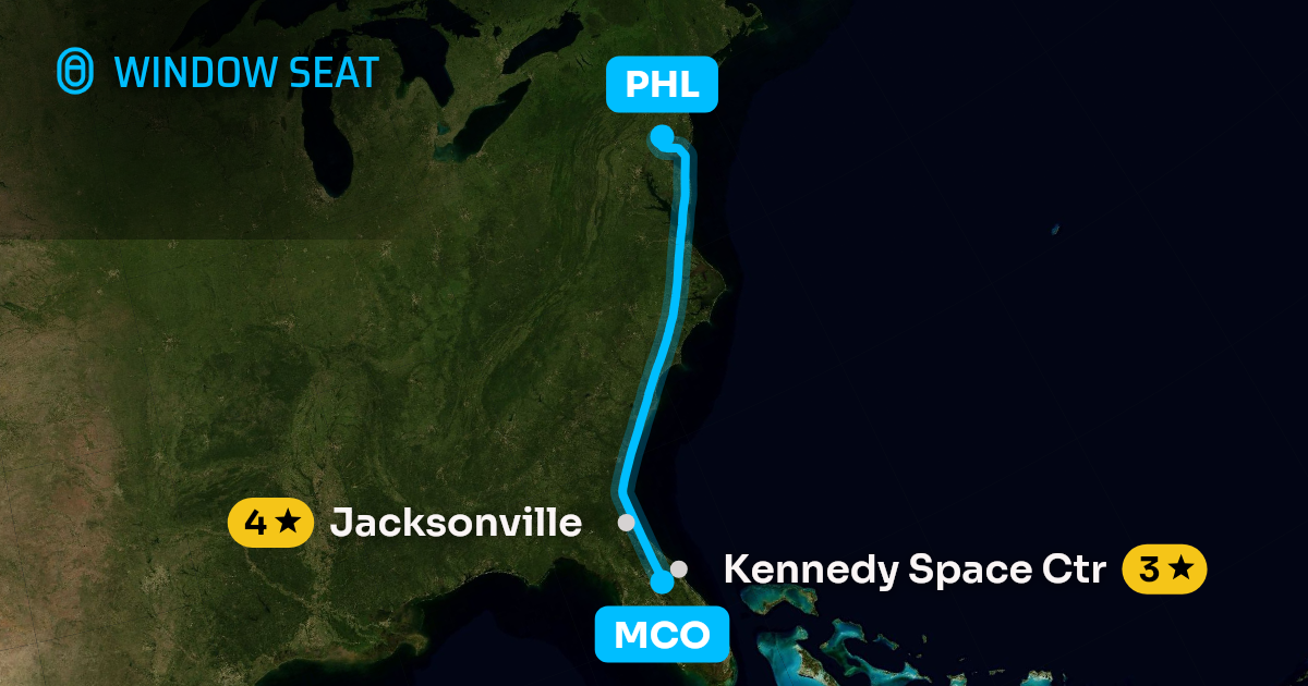 Map of the Orlando to Philadelphia flight path with its landmarks on each side