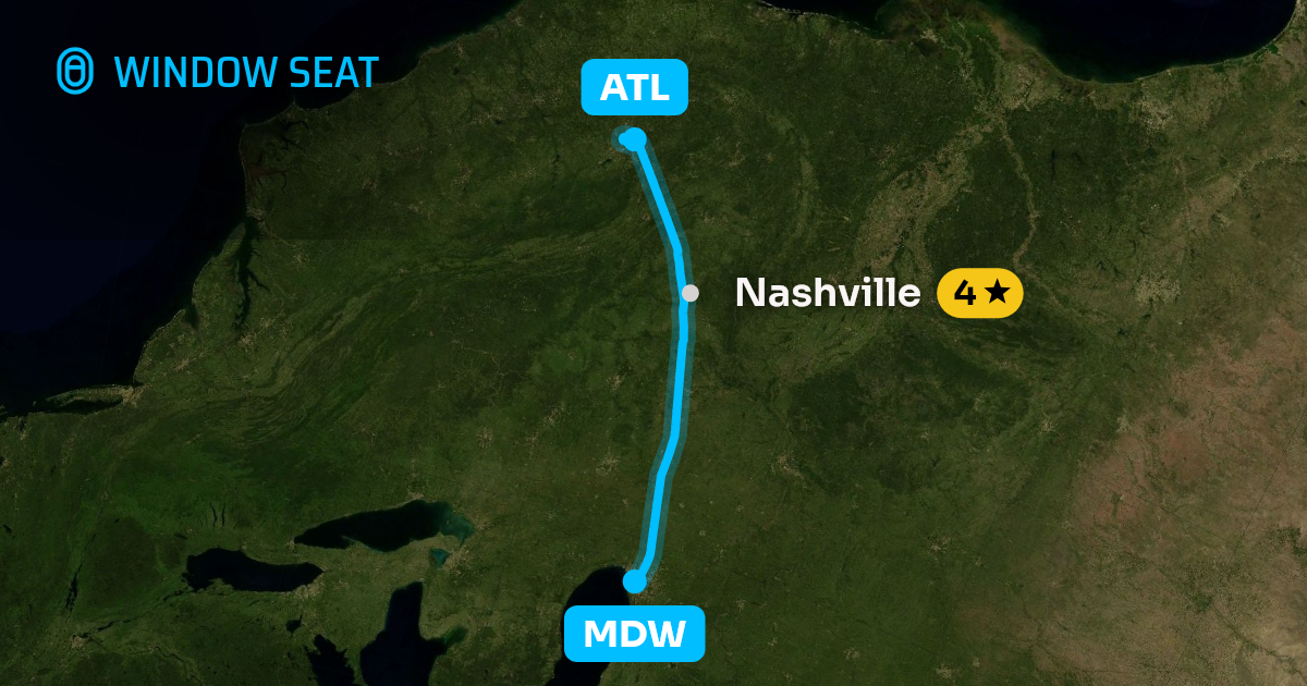 Map of the Chicago to Atlanta flight path with its landmarks on each side