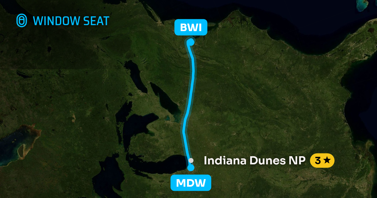 Map of the Chicago to Baltimore flight path with its landmarks on each side