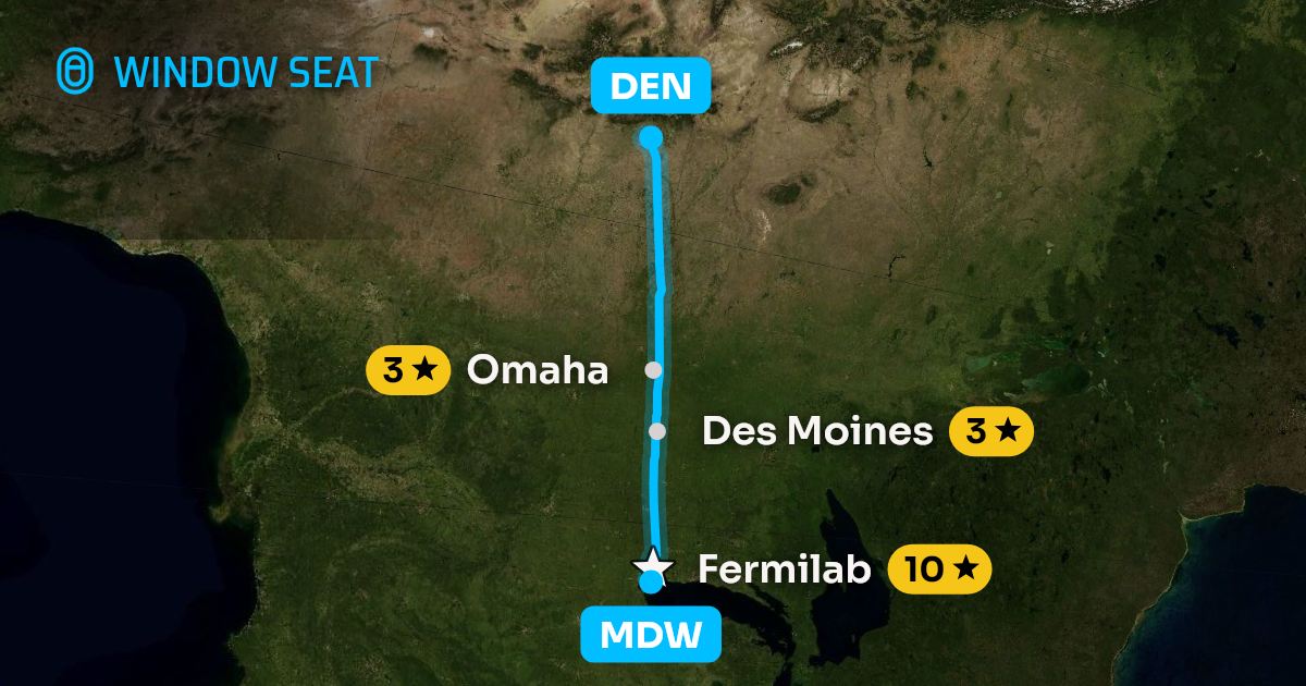 Map of the Chicago to Denver flight path with its landmarks on each side