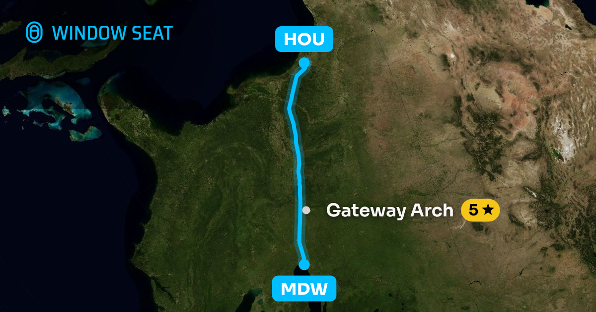 Map of the Chicago to Houston flight path with its landmarks on each side
