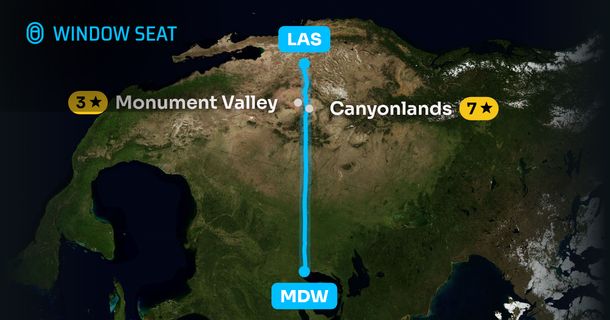 Map of the Chicago to Las Vegas flight path with its landmarks on each side