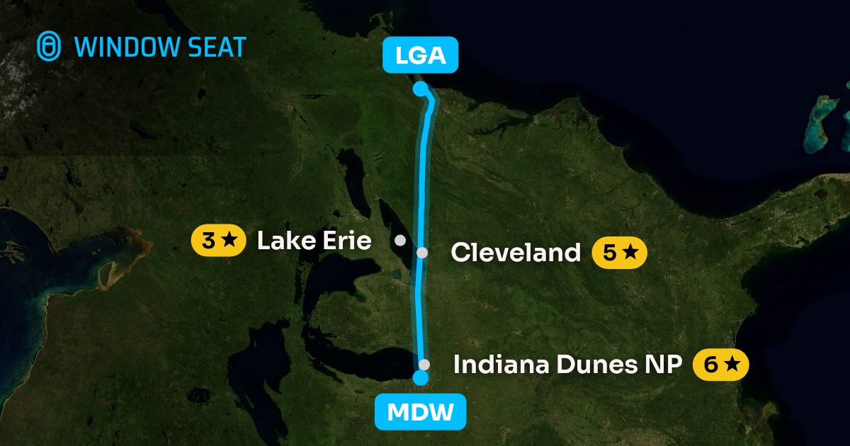 Map of the Chicago to New York flight path with its landmarks on each side