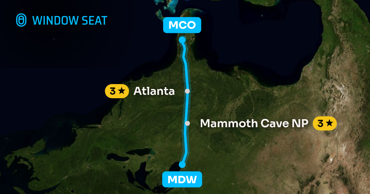 Map of the Chicago to Orlando flight path with its landmarks on each side