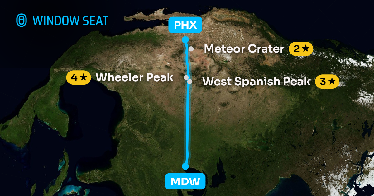 Map of the Chicago to Phoenix flight path with its landmarks on each side