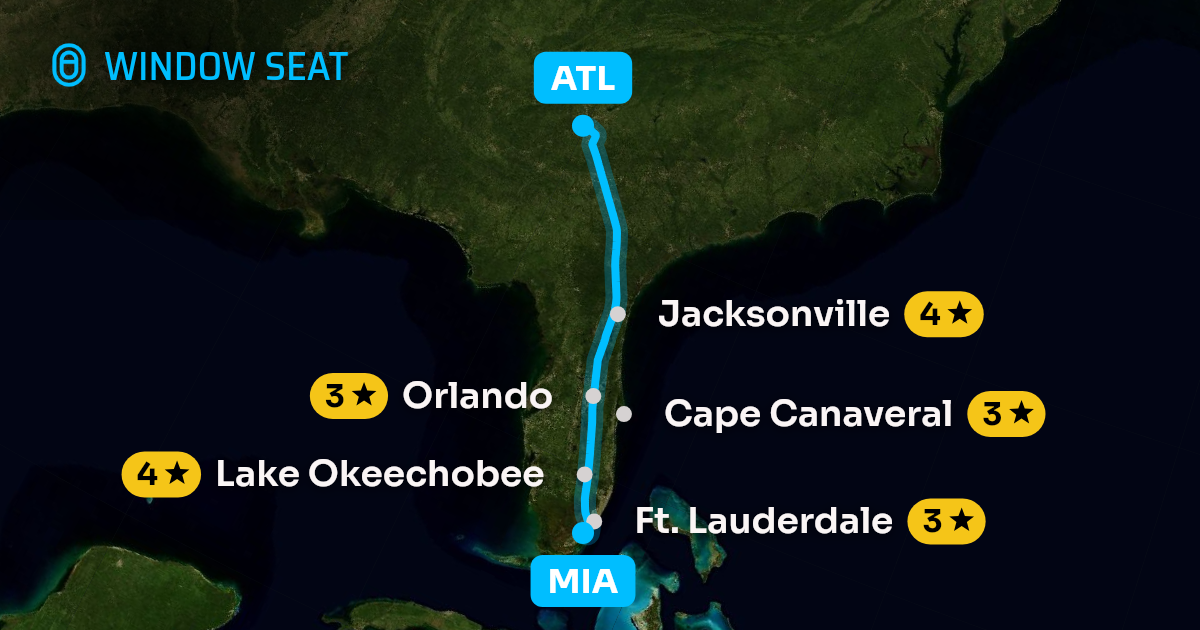 Map of the Miami to Atlanta flight path with its landmarks on each side