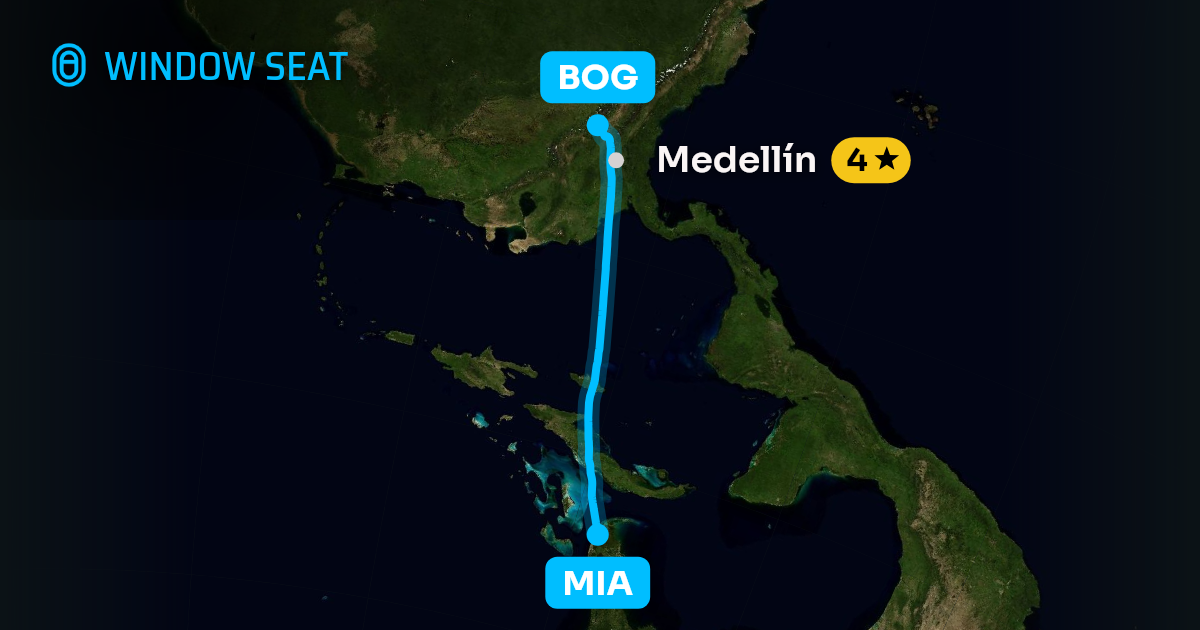 Map of the Miami to Bogota flight path with its landmarks on each side