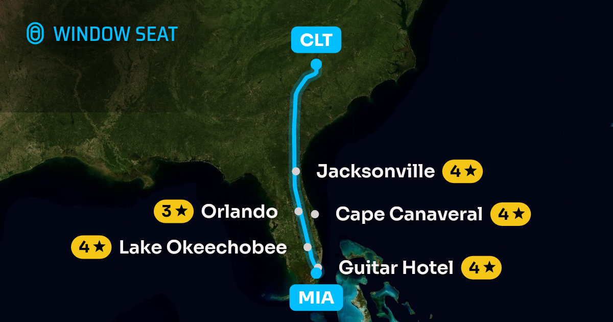 Map of the Miami to Charlotte flight path with its landmarks on each side
