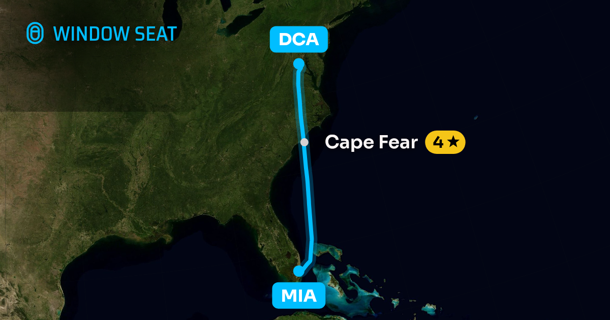 Map of the Miami to Washington flight path with its landmarks on each side