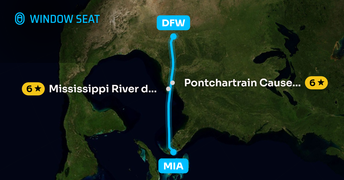 Map of the Miami to Dallas-Fort Worth flight path with its landmarks on each side